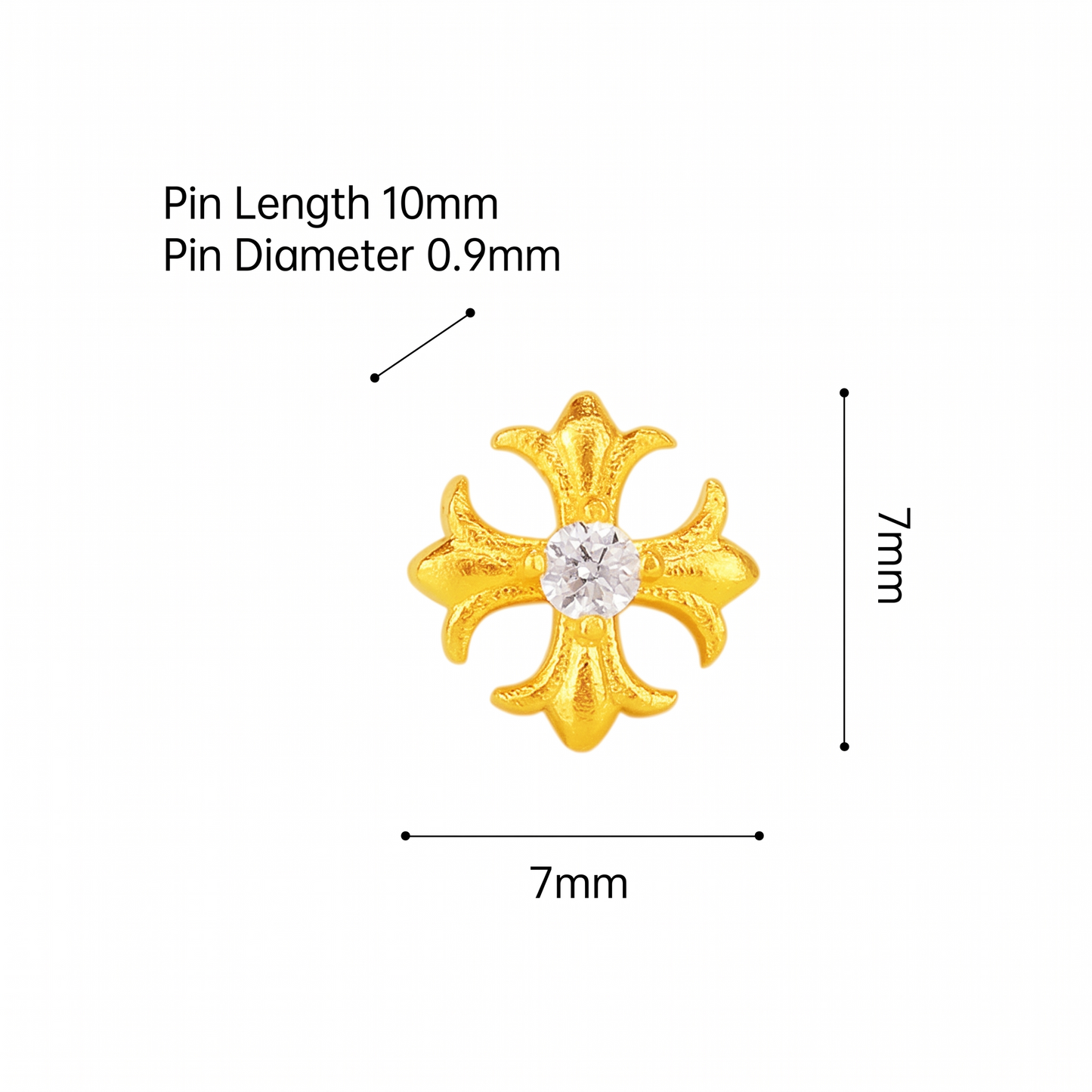 24K 999 Solid Gold Mini Iris Fleur-de-lis Moissanite Cross Stud Earrings
