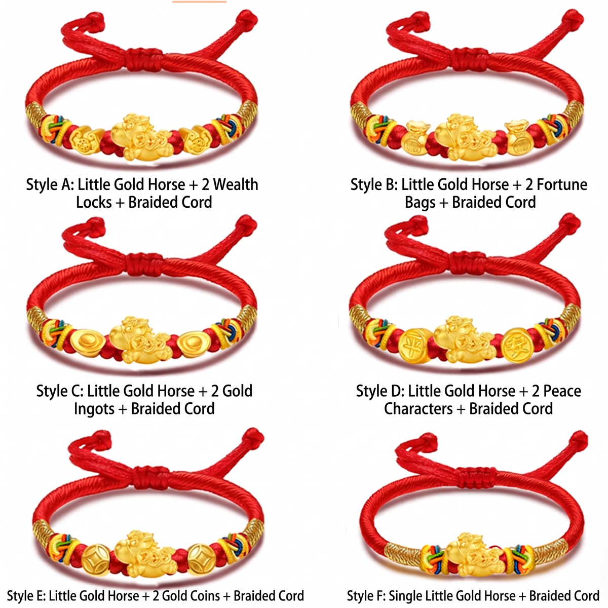 24K 999 Gold Little Horse Zodiac Charm Adjustable Woven Bracelet Babyshower Kid Birthday Gift