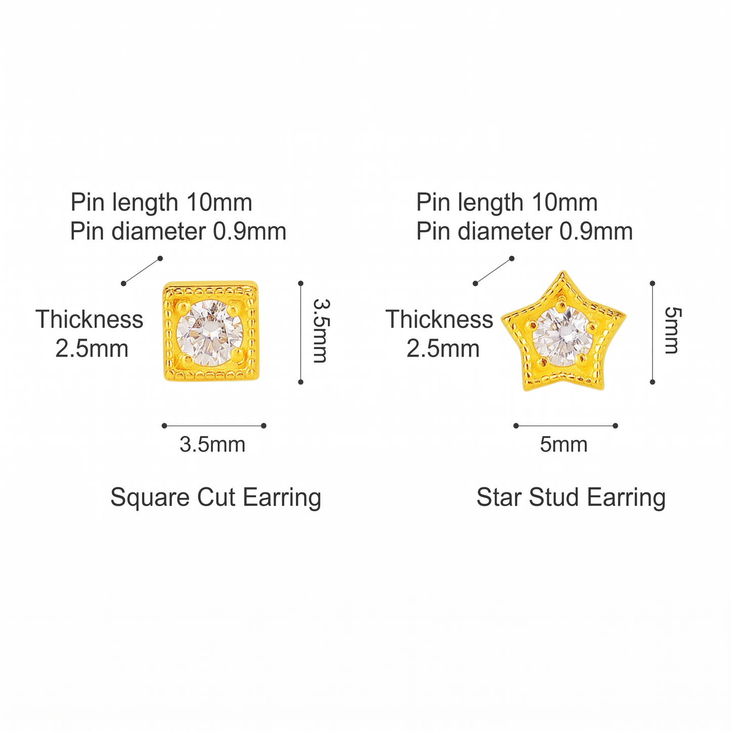 24K Solid 999 Gold Cube Star Minimal Moissanite Mini Stud Earrings
