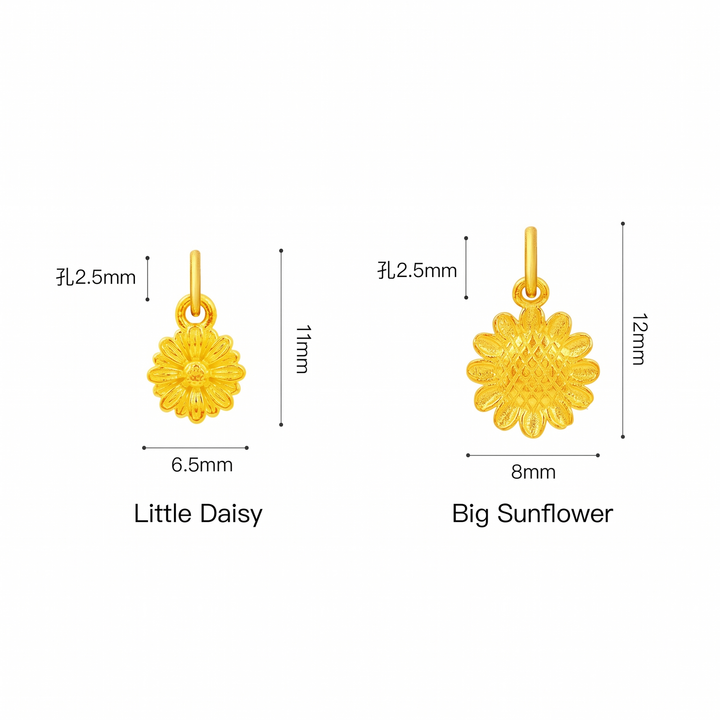 24K Solid 999 Gold Hand-Engraved Solid Mini Charm D.I.Y Sun Flower Daisy Charm