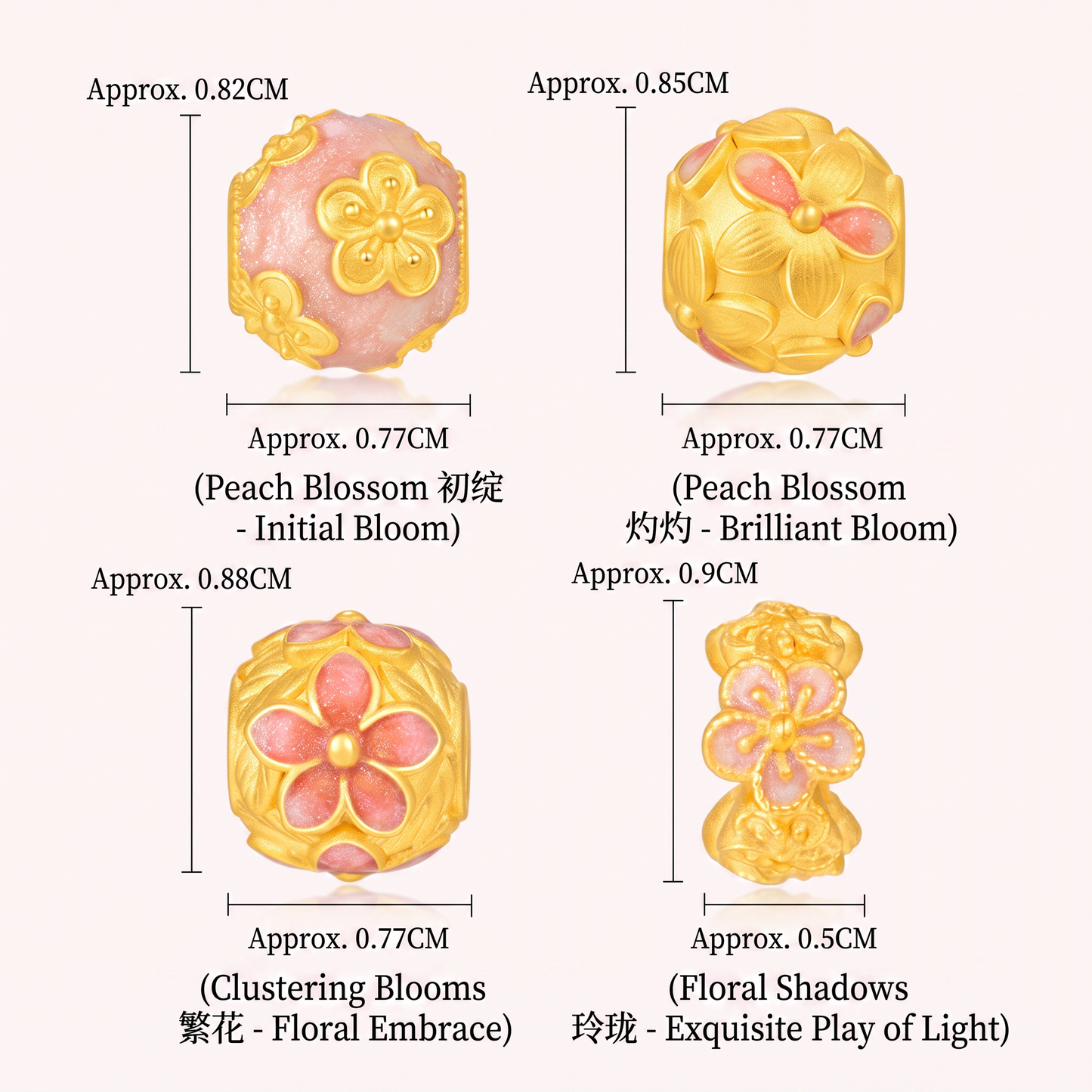 24K Hard Gold Peach Blossom Flower Lucky Rolling Bead D.I.Y Charm Spacer