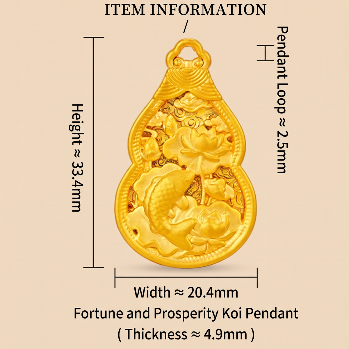 24k 999 Gold Fortune Lotus and Koi Detailed Lucky Gourd Pendant
