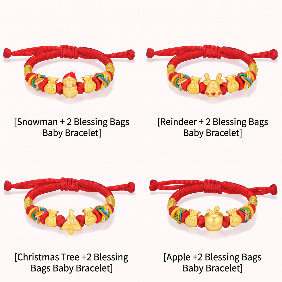 24K 999 Gold Christmas Tree Holiday Reindeer Snowman Charm Woven Bracelet Kid Baby Gift