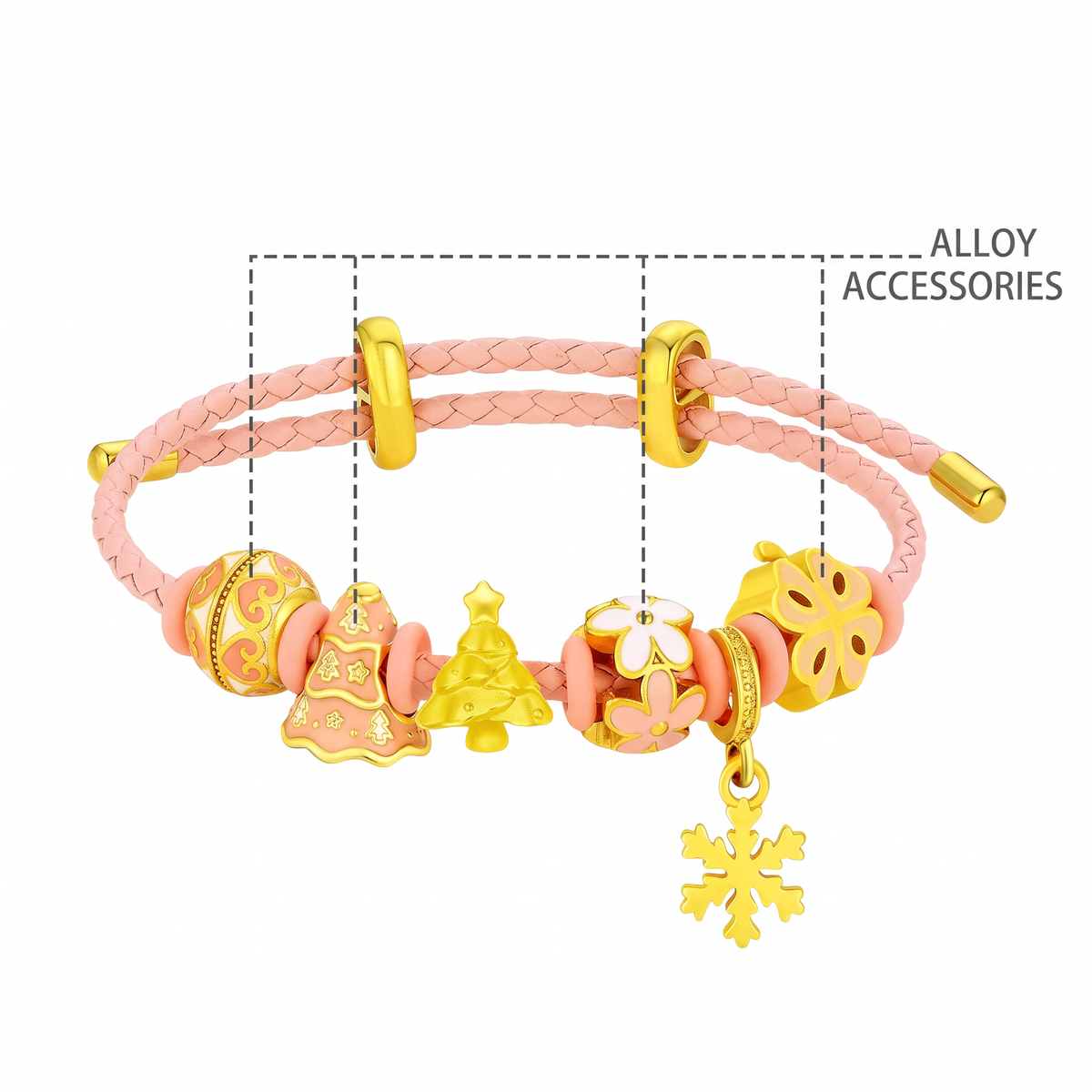 24k 999 Christmas Holiday Tree Snowflake Charm Cord Adjustable Bracelet