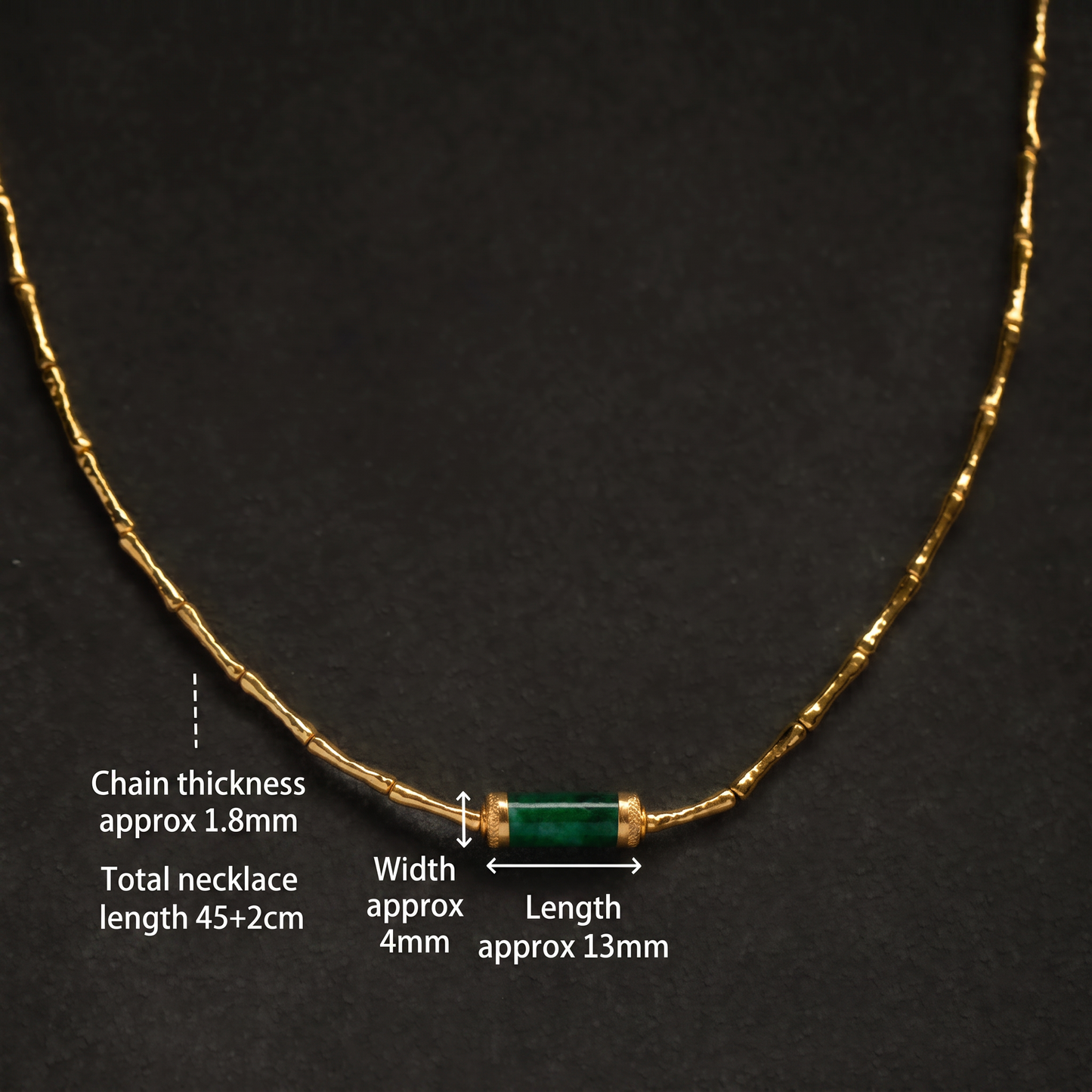 24K Pure 999 Gold Hammered Bamboo-Link Green Jade Fortune Pendant Necklace and Bracelet