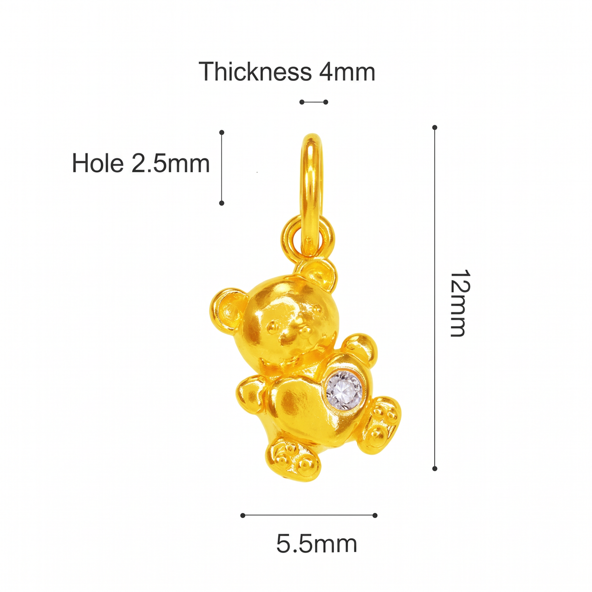 24K 999 Gold Cute Mini Teddy Bear Zirconia Heart Charm D.I.Y Charm