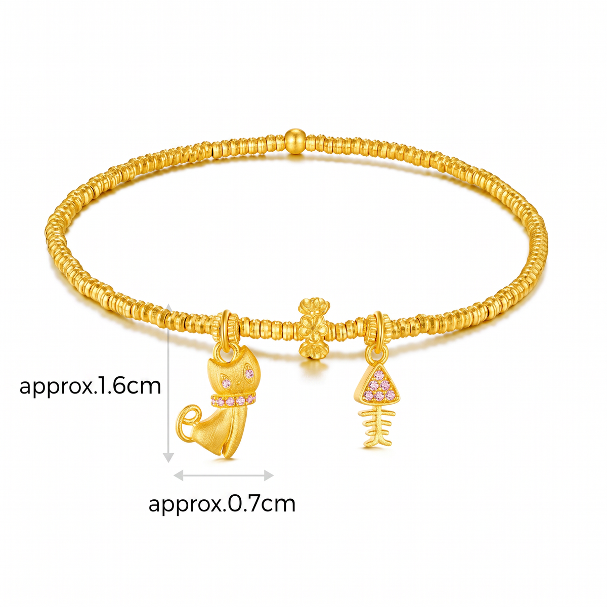 24K Gold Lucky Cat & Fish Charms Beads Bracelet