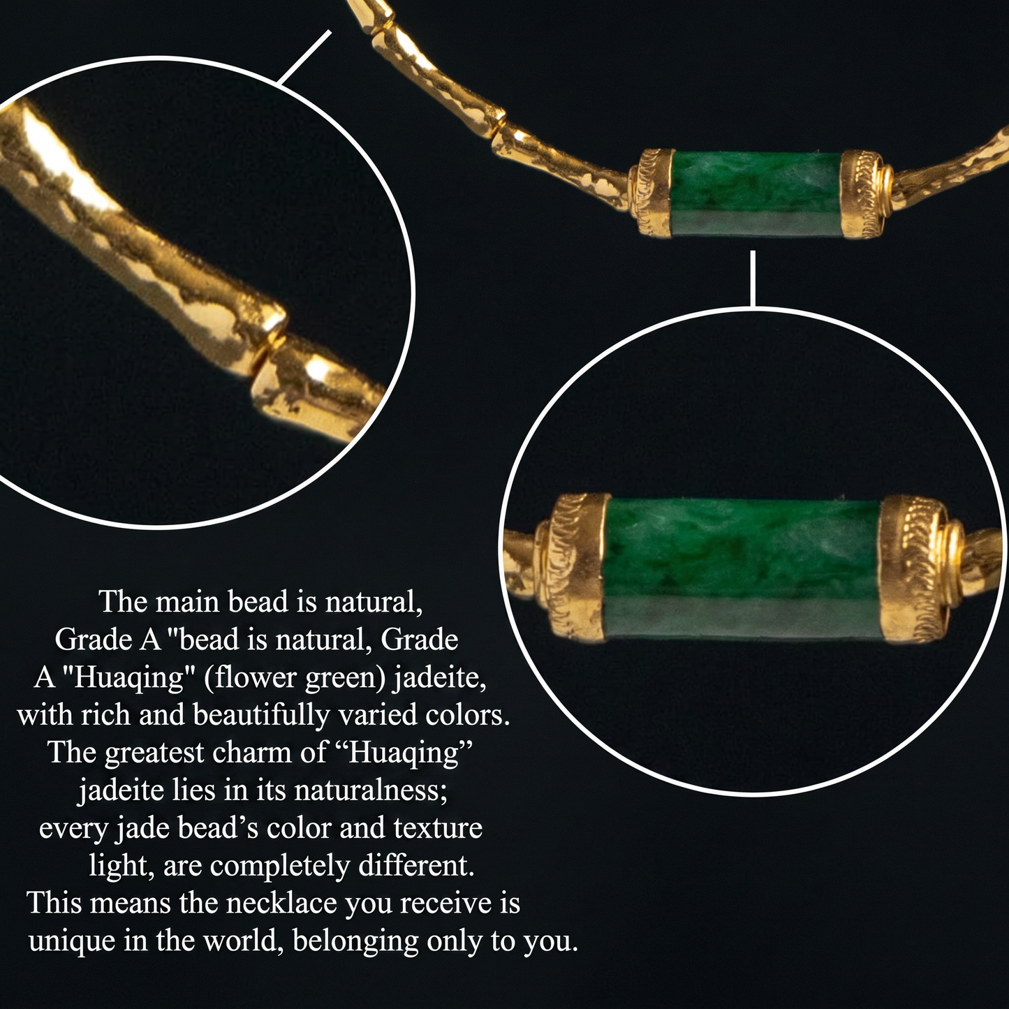 24K Pure 999 Gold Hammered Bamboo-Link Green Jade Fortune Pendant Necklace and Bracelet