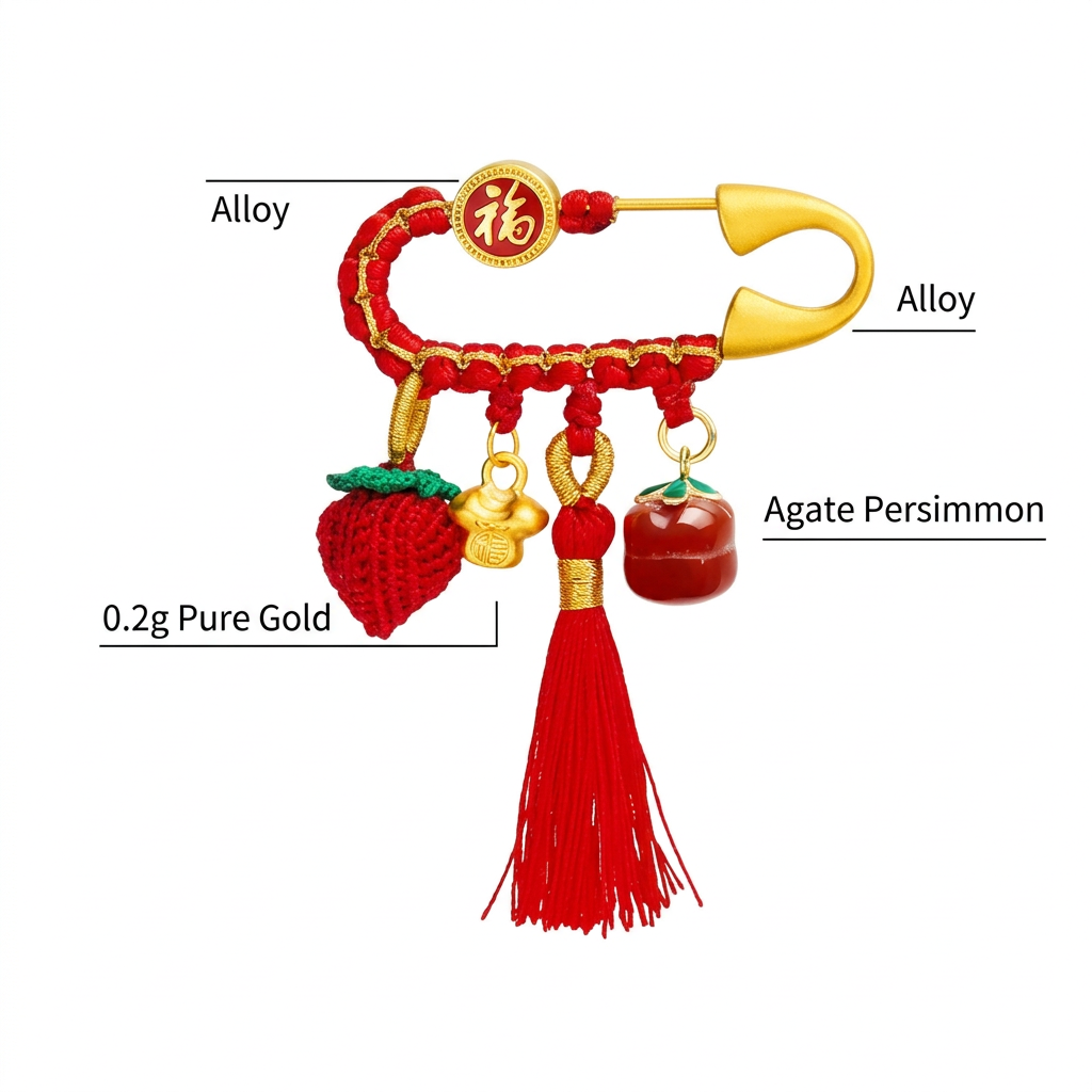 24k 999 Gold Chinese Blessing Pin Brooch Spoon Baby Babyshower Gift