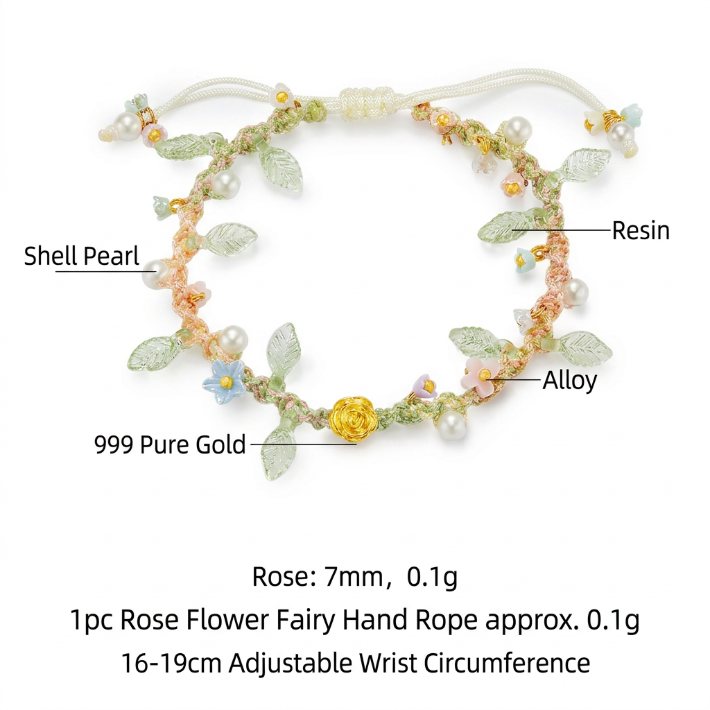 24K 999 5D Gold Rose Charms Weaving Fairy Summer Style Adjustable Bracelet