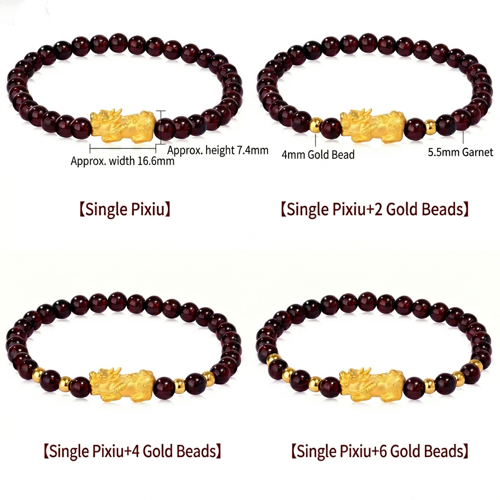 24K 999 Gold Pixiu Charm Garnet Beads Unisex Bracelet