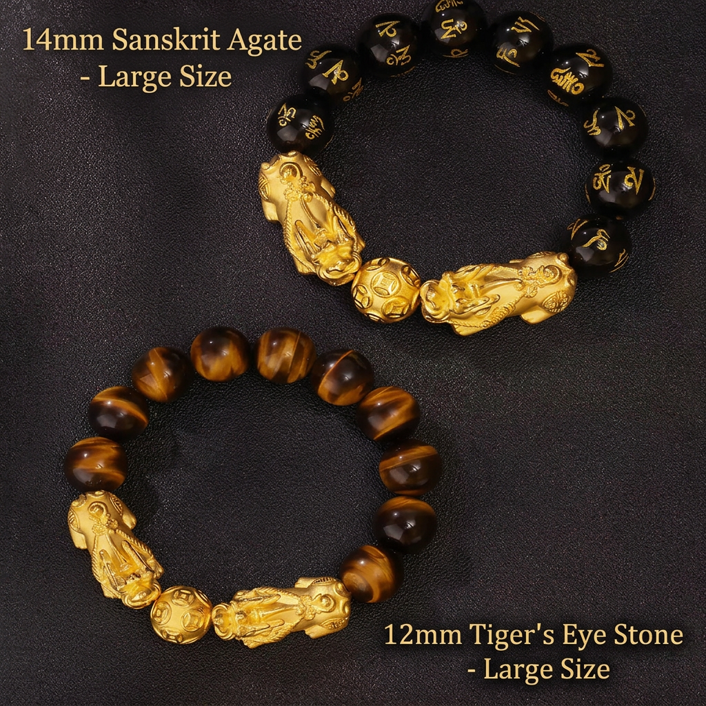 24K 999 Gold Pixiu Wealth Charm Tiger Eye Black Agate Sanskrit Beads Unisex Bracelet