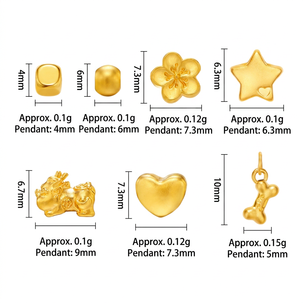 24K 999 Gold D.I.Y Mini Charm Star heart Cherry Blossom Pixiu Charms