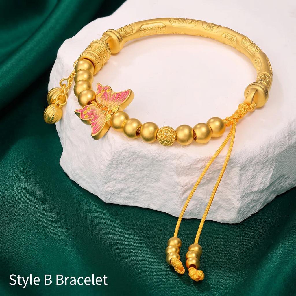 24K 999 Gold Auspicious Words Butterfly Charm Good Luck Half Bangle Bracelet