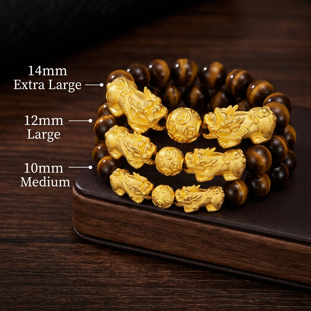 24K 999 Gold Pixiu Wealth Charm Tiger Eye Black Agate Sanskrit Beads Unisex Bracelet
