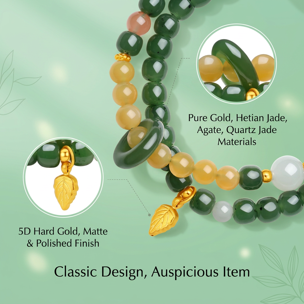 24K Gold Leaf Charm Natural Jade Double-Wrap Agate Accents Beads Bracelet