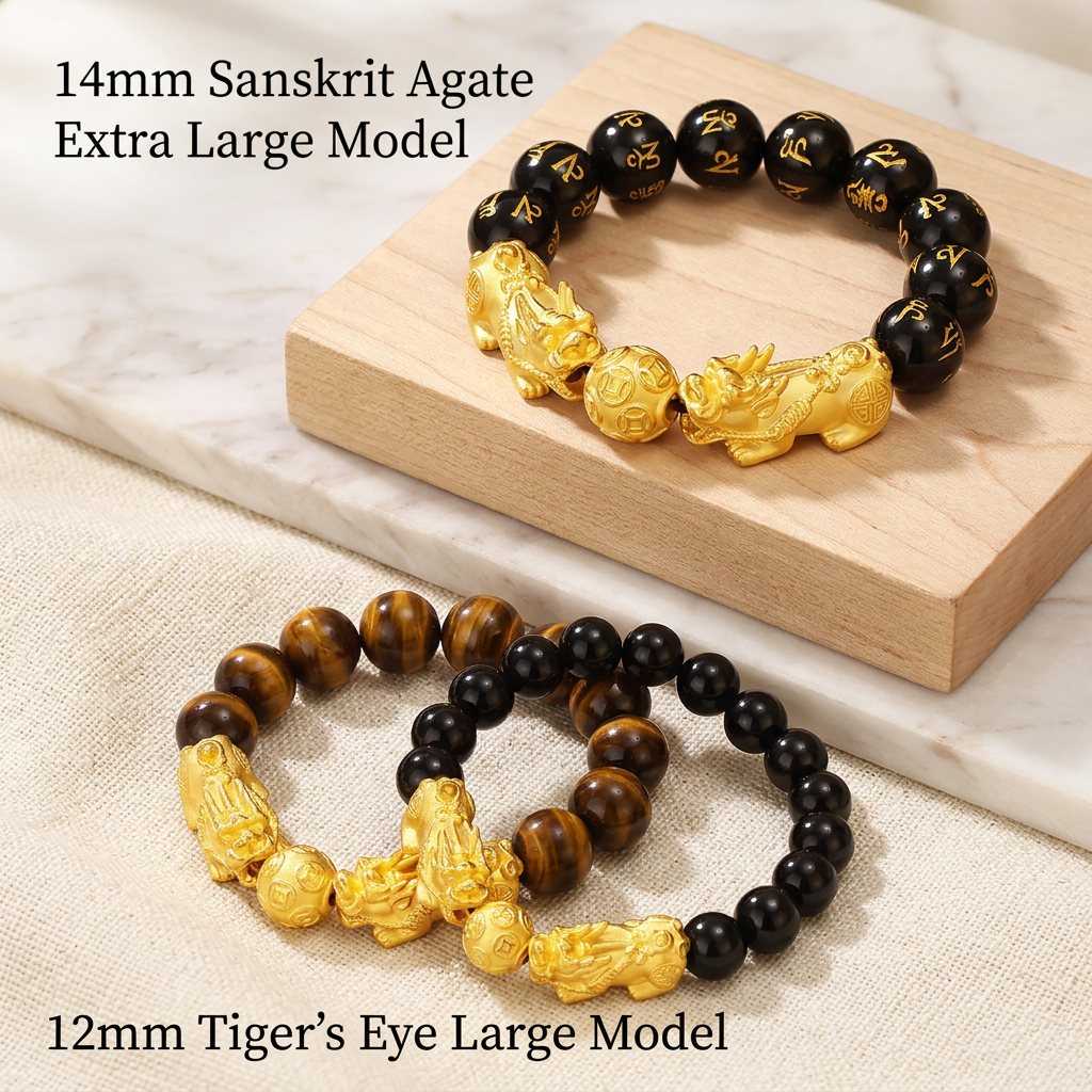 24K 999 Gold Pixiu Wealth Charm Tiger Eye Black Agate Sanskrit Beads Unisex Bracelet