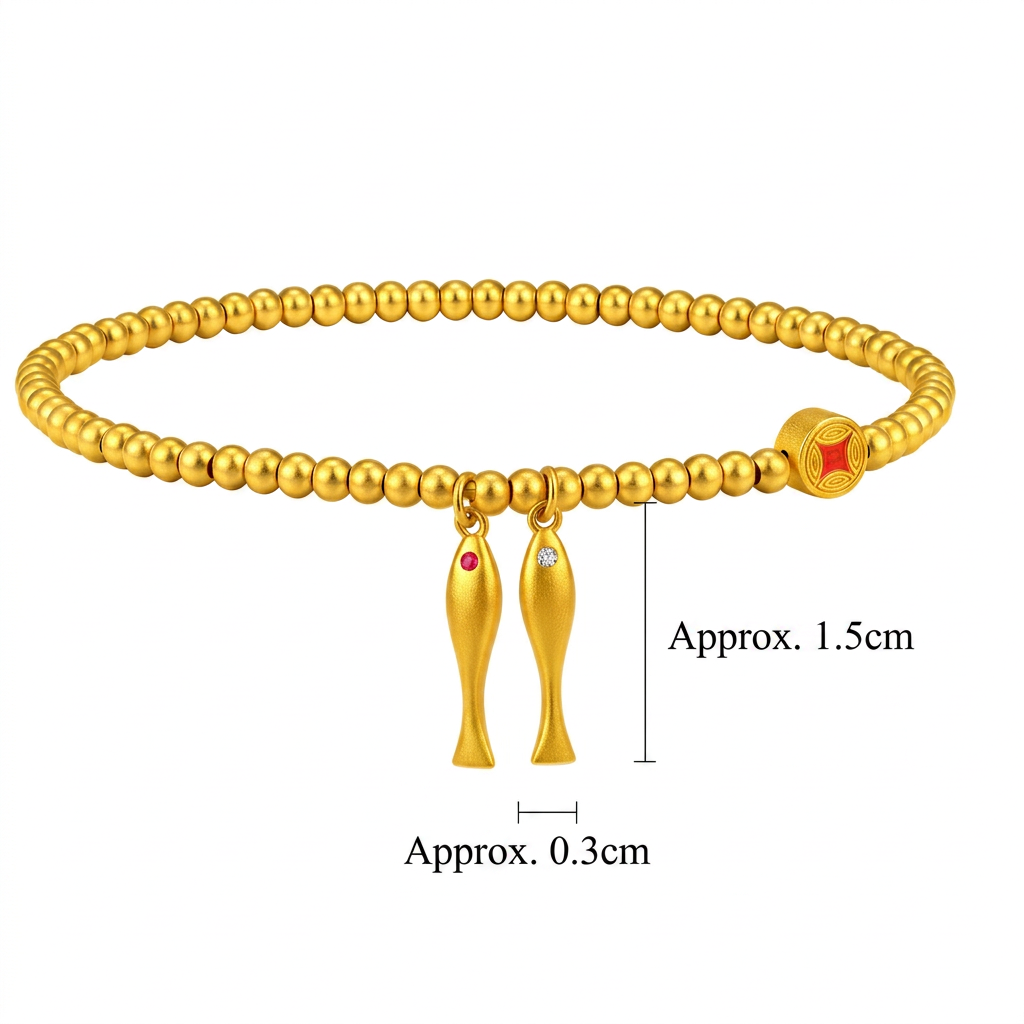 24K 999 Gold Lucky Fish Coin Charms Beads Bracelet