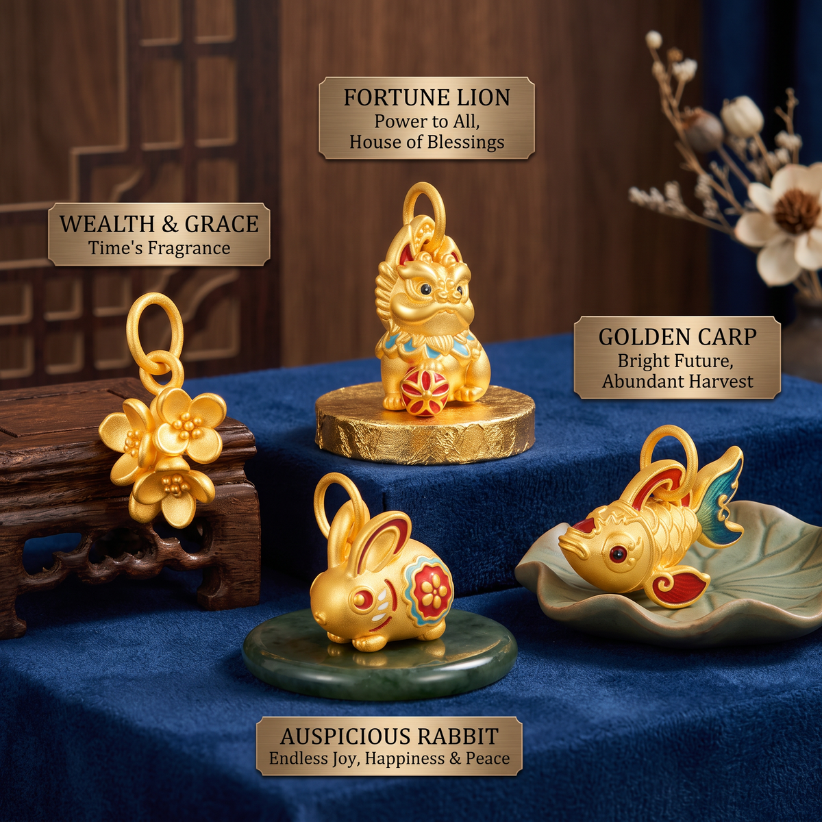 24K Gold Pixiu Flower Carp Rabbit D.I.Y Charm Spacer