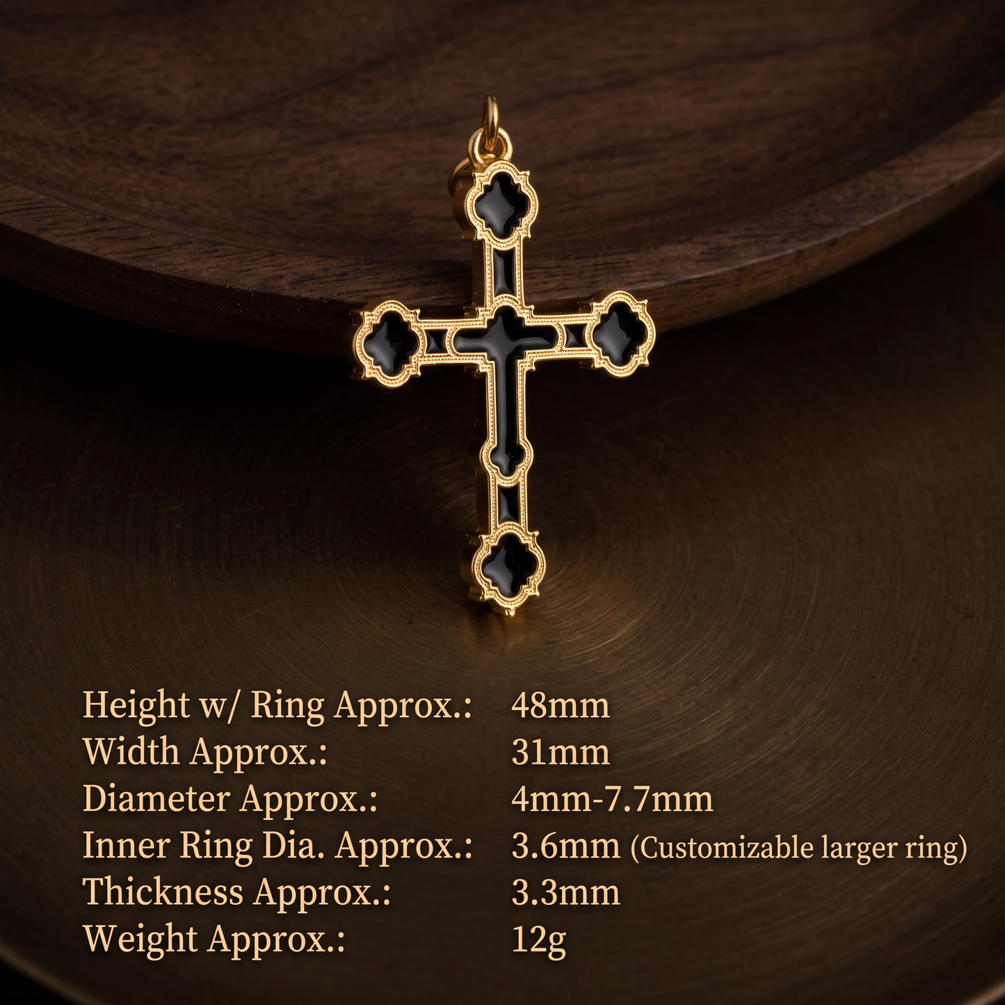 24K 999 Fine Gold Men Women Unisex Cross Charm Black Enamel