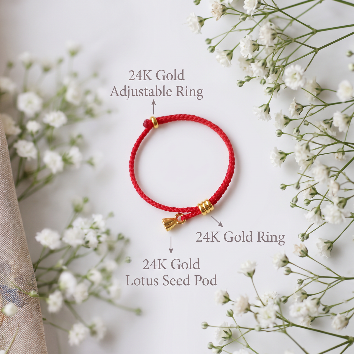 24K 999 Gold Lotus Seed Pod Charm Minimal Cord Ring