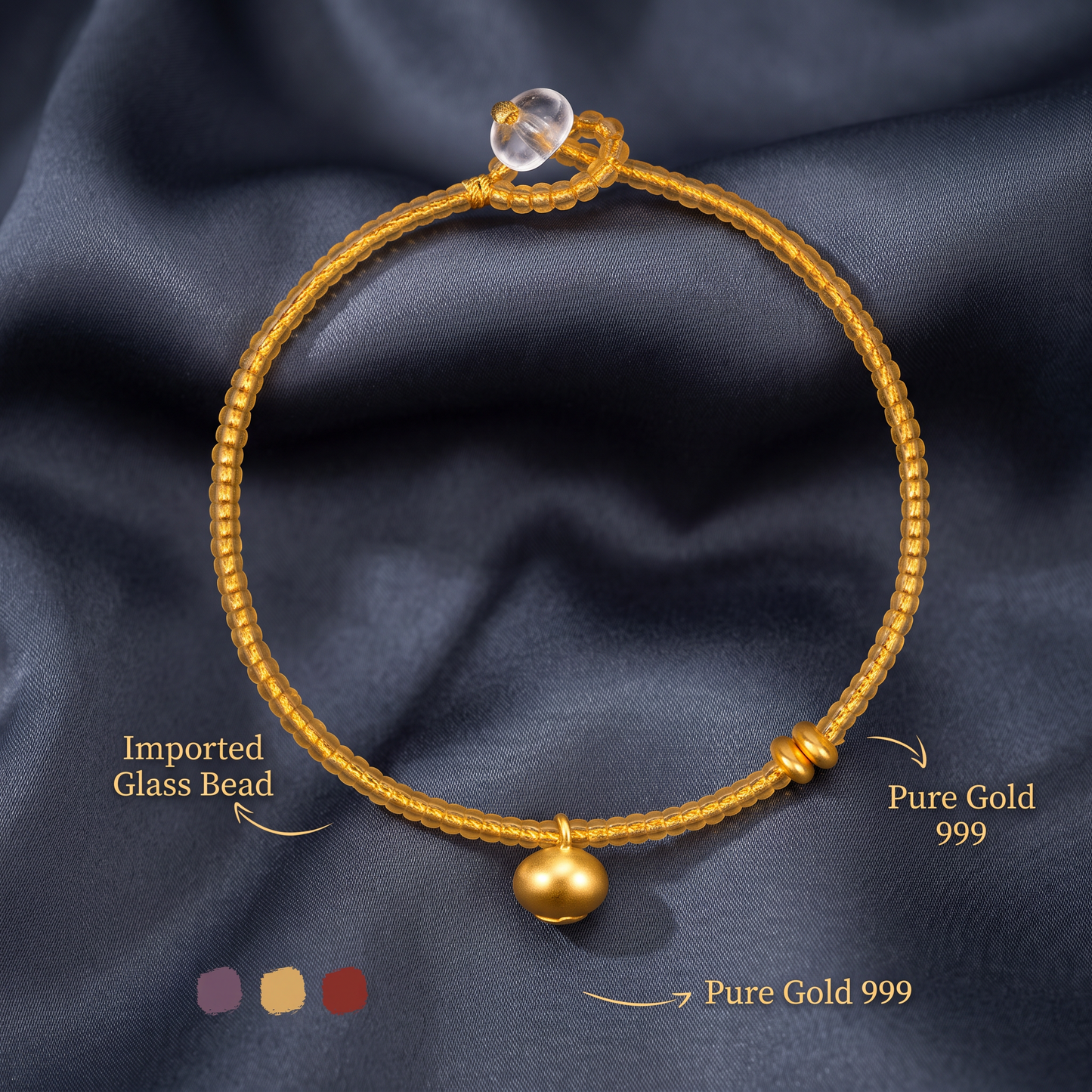 24k Fine 999 Gold Fortune Blueberry Charm Glazed Crystal Beads Bracelet