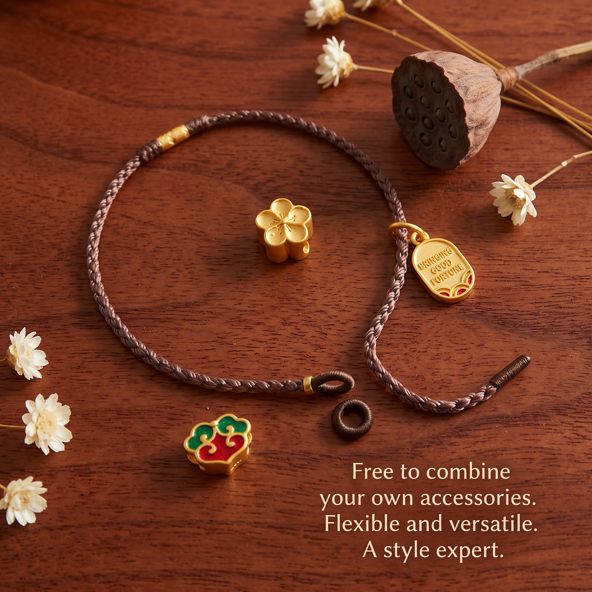 24K 999 Gold Minimal Lucky Fortune Charm Cord Bracelet
