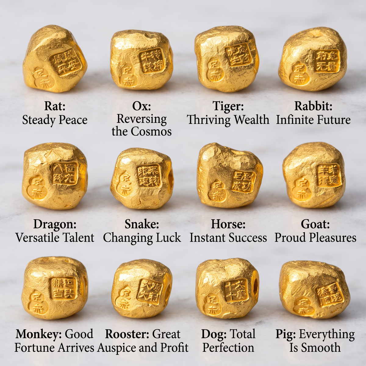 24k 999 Gold Chinese Zodiac Gold Bead Spacer Antique Style D.I.Y Craft Supply