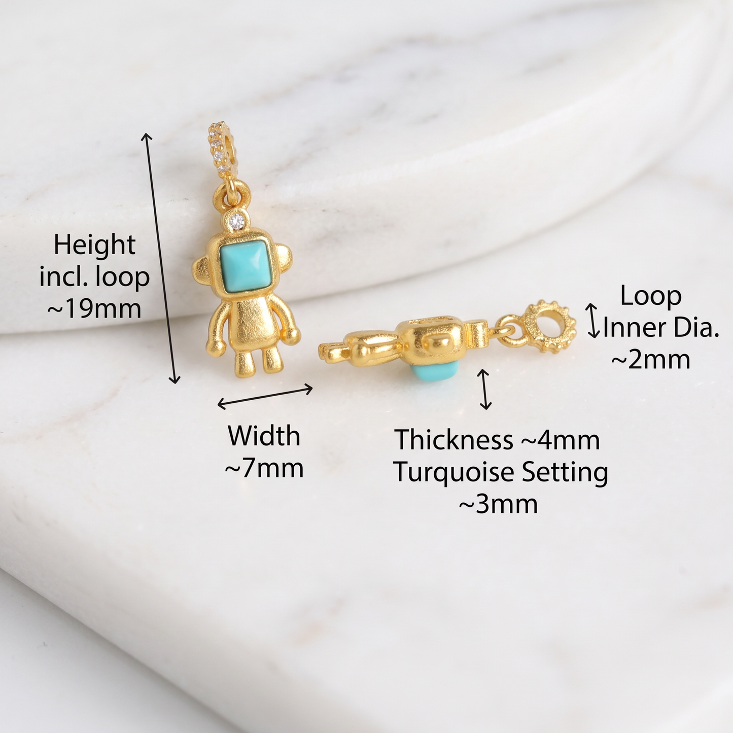 24K Pure 999 Gold Mini Solid Turquoise Robot D.I.Y Charm