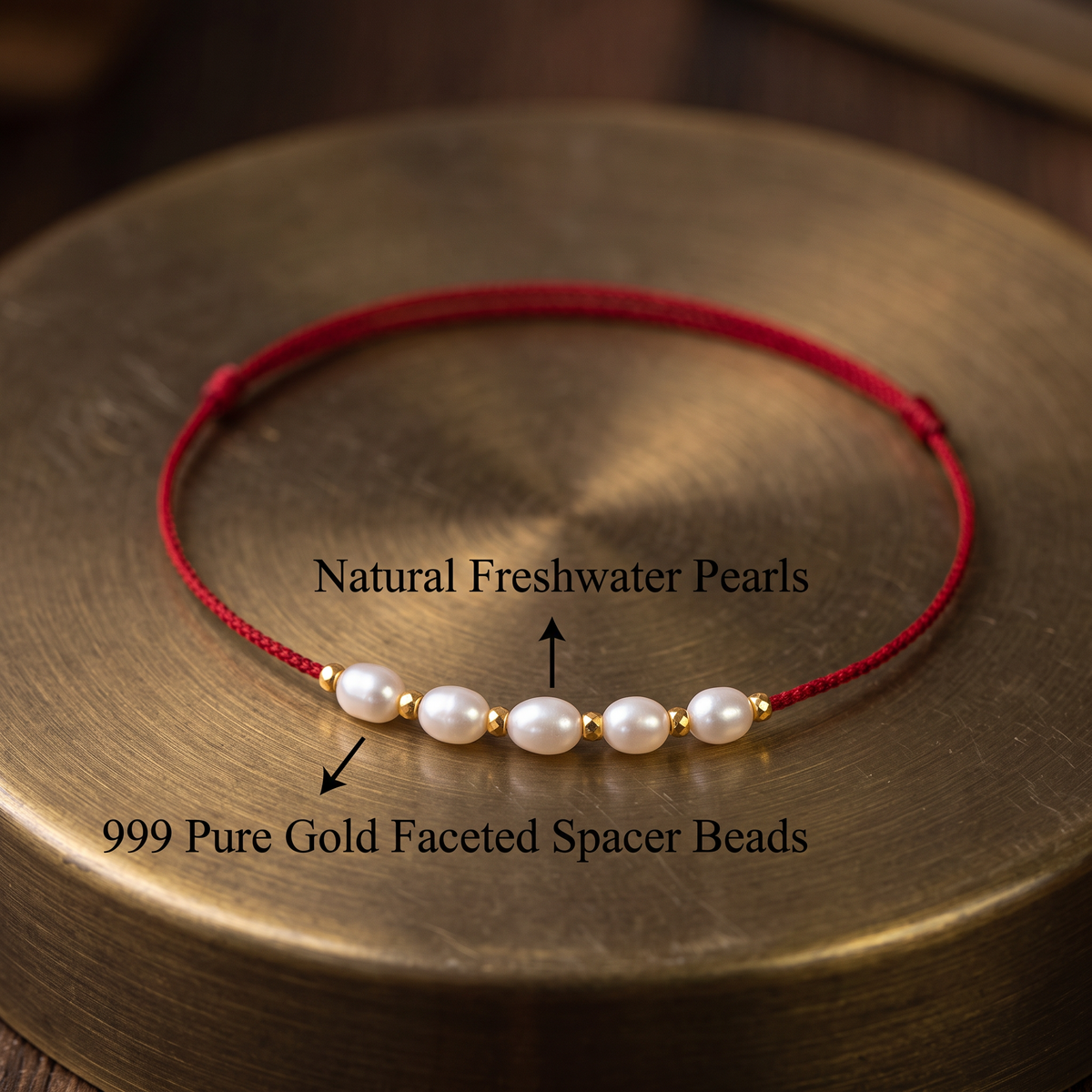 24k 999 Gold Beads with Natural Pearl Charm Cord Adjustable Bracelet