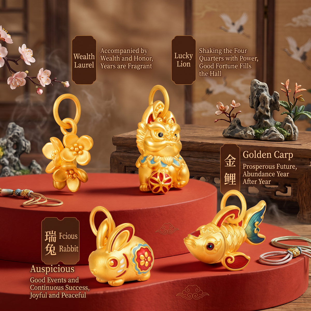 24K Gold Pixiu Flower Carp Rabbit D.I.Y Charm Spacer