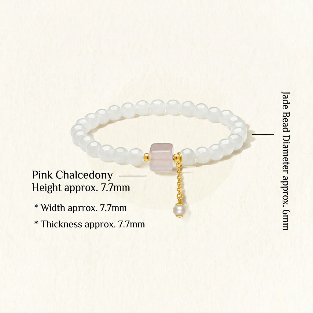 24K Gold Charm Beads White Jade Beads Pink Chalcedony Elegant Bracelet