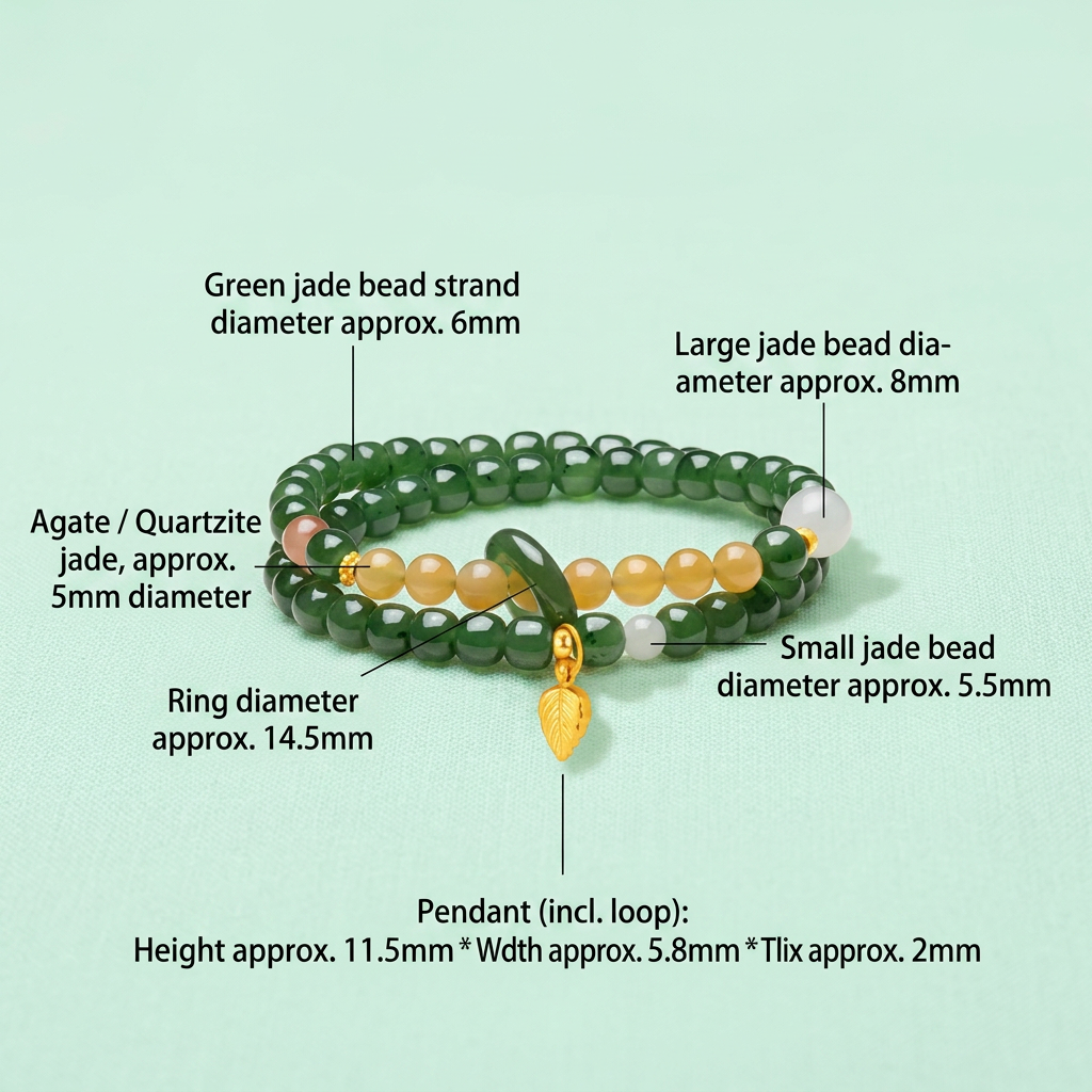 24K Gold Leaf Charm Natural Jade Double-Wrap Agate Accents Beads Bracelet