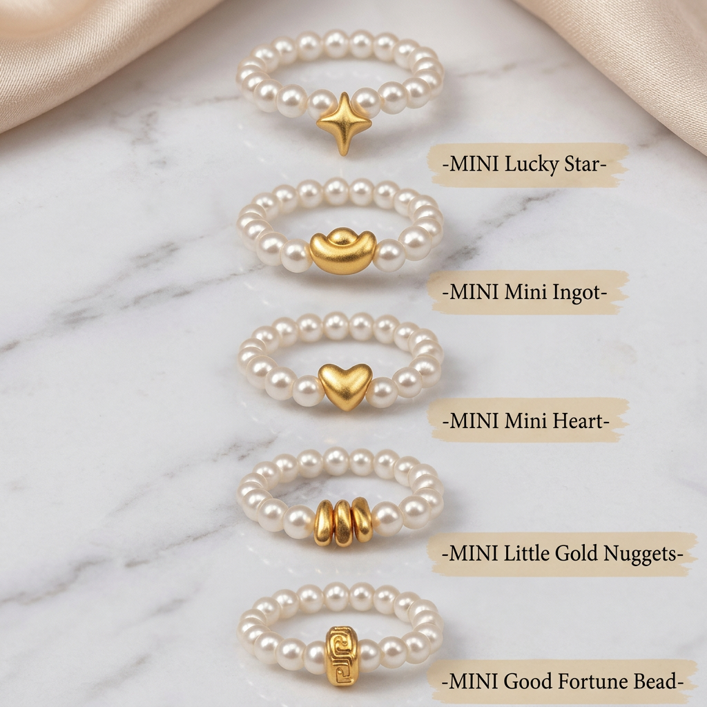 24k Pure 999 Gold Heart Ingot Star Charm Natural Pearl Elegant Minimalist Beaded Ring