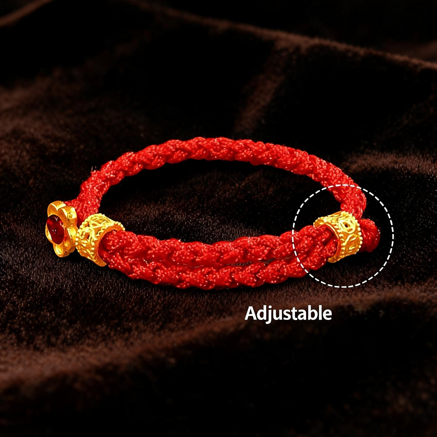 24K 999 Gold Flower Adjustable Red String Ring