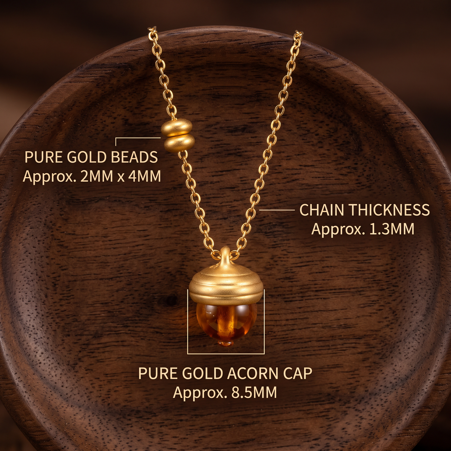 24k Pure 999 Gold Garnet Acorn Charm Pendant Necklace