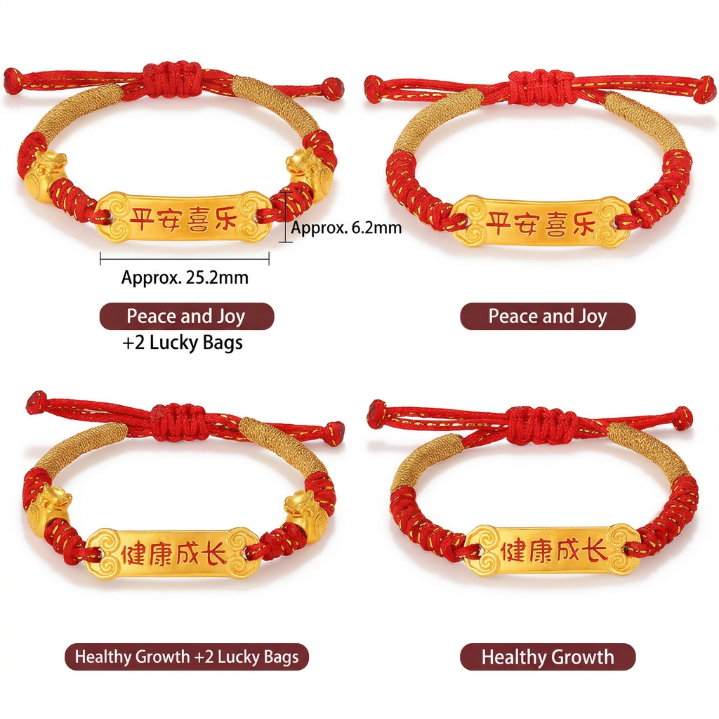 24K 999 Gold Red String Braided Bracelet Peace & Joy Charm for Infants and Children