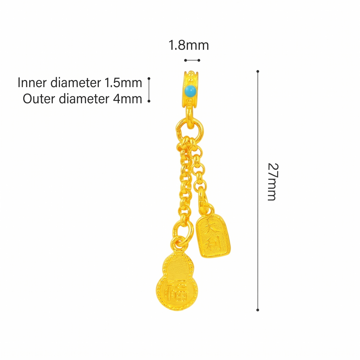 24K Solid 999 Gold Hand-Engraved Solid Lucky Gourd Tassel Dangle Charm