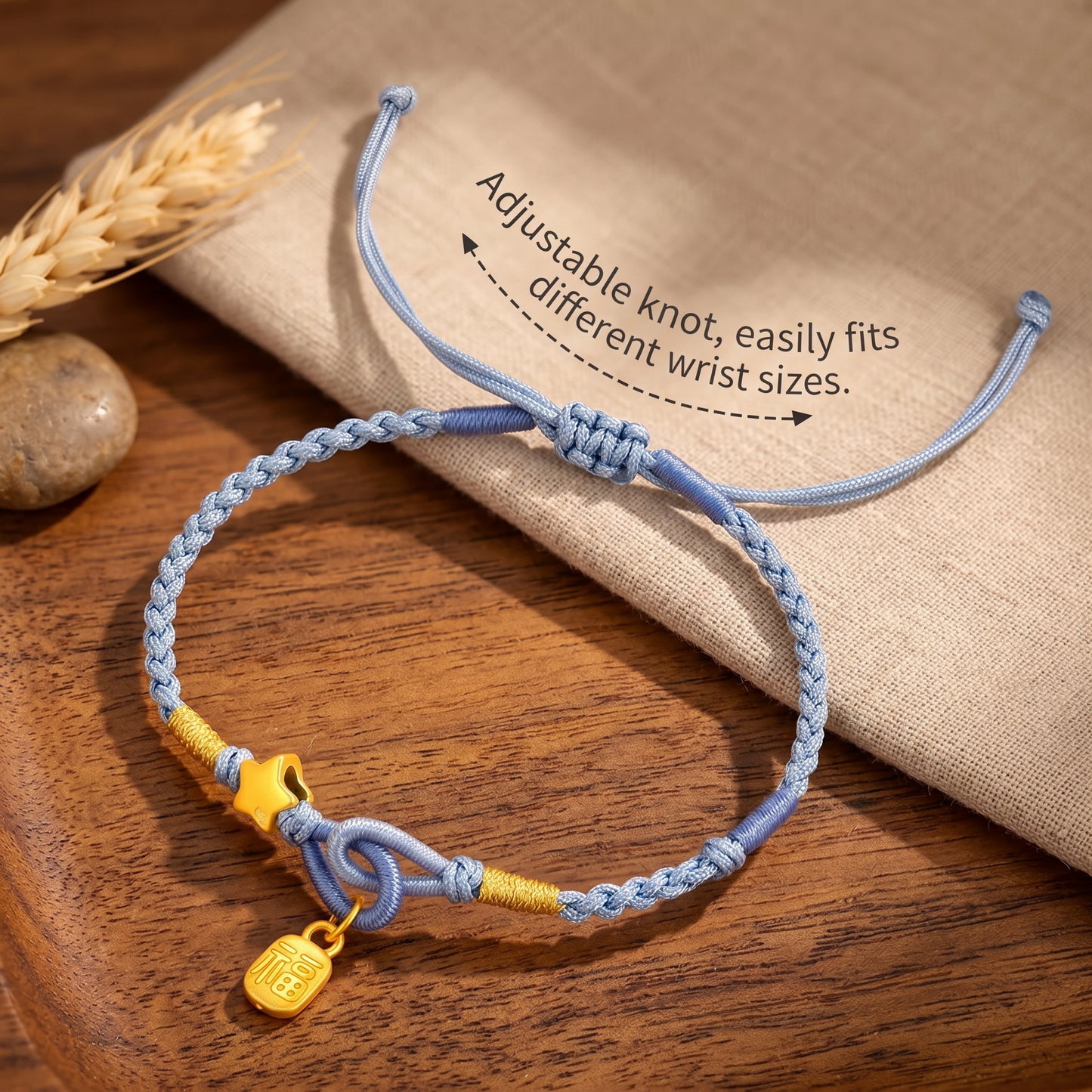 24K 999 Gold Minimal Blessing Fu Charm Star Braided String Adjustable Bracelet