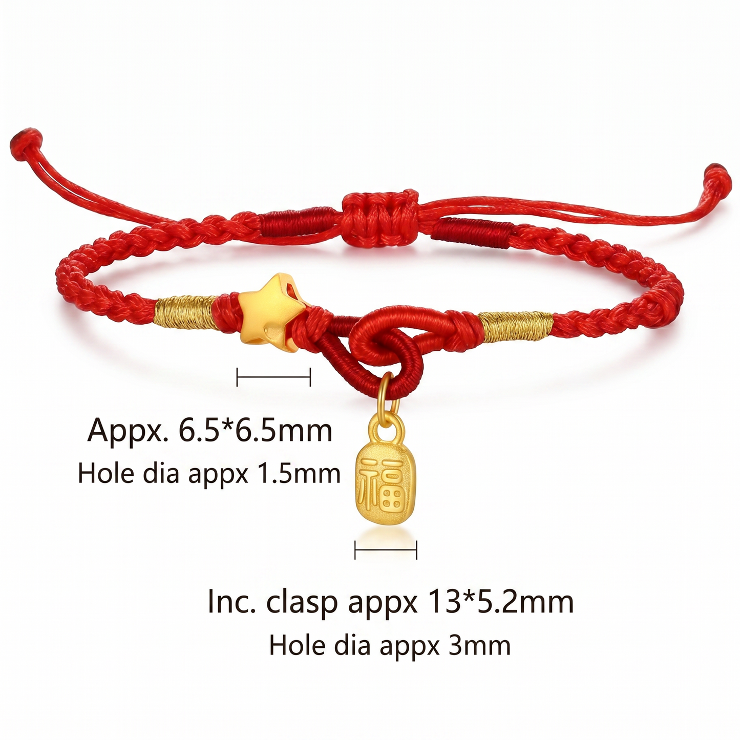 24K 999 Gold Minimal Blessing Fu Charm Star Braided String Adjustable Bracelet