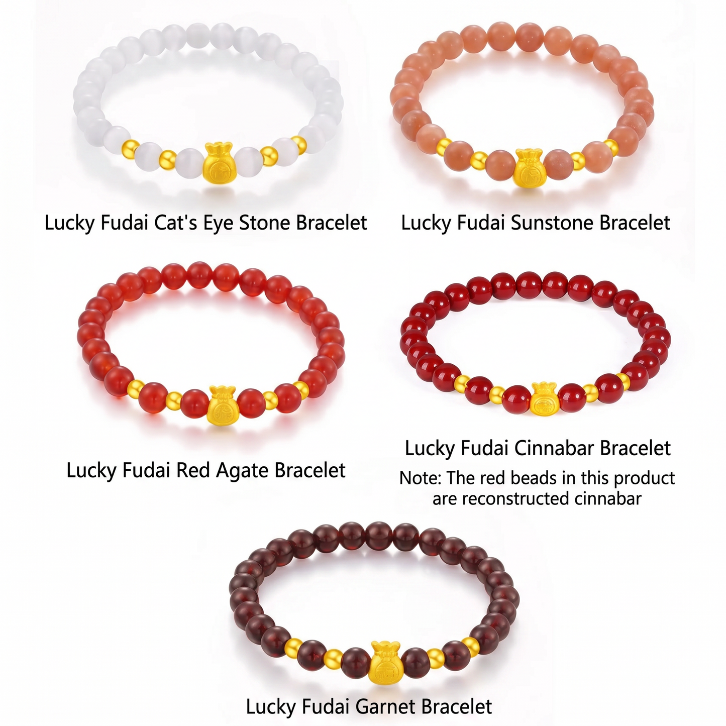 24K 999 Gold Lucky Blessing Bag Charm Sunstone Agate Garnet Beads Bracelet