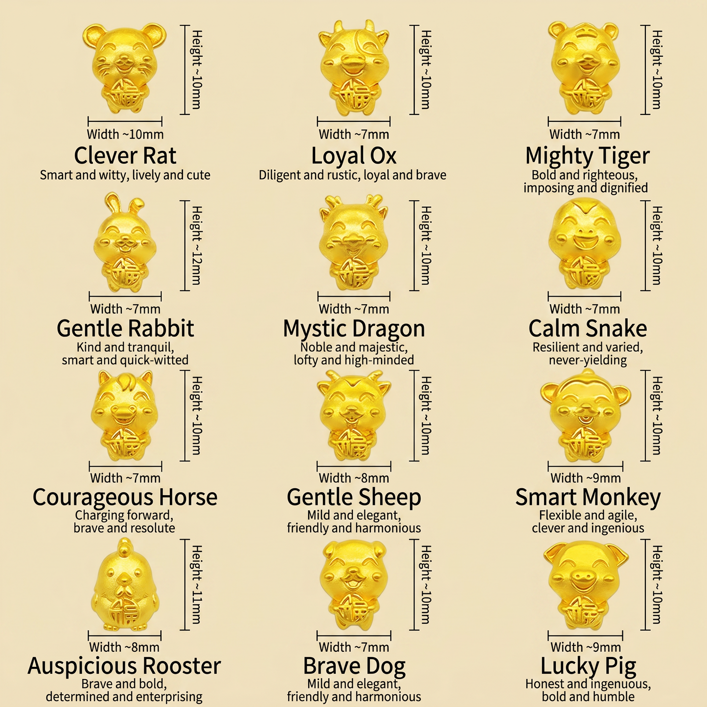 24K 999 Gold 12 Zodiac Animal Horse Dragon Weaving Braided Bracelet
