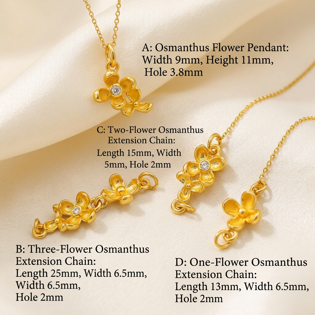 24k Pure 999 Gold D.I.Y Connector Osmanthus Flower Extension Chain and Pendant