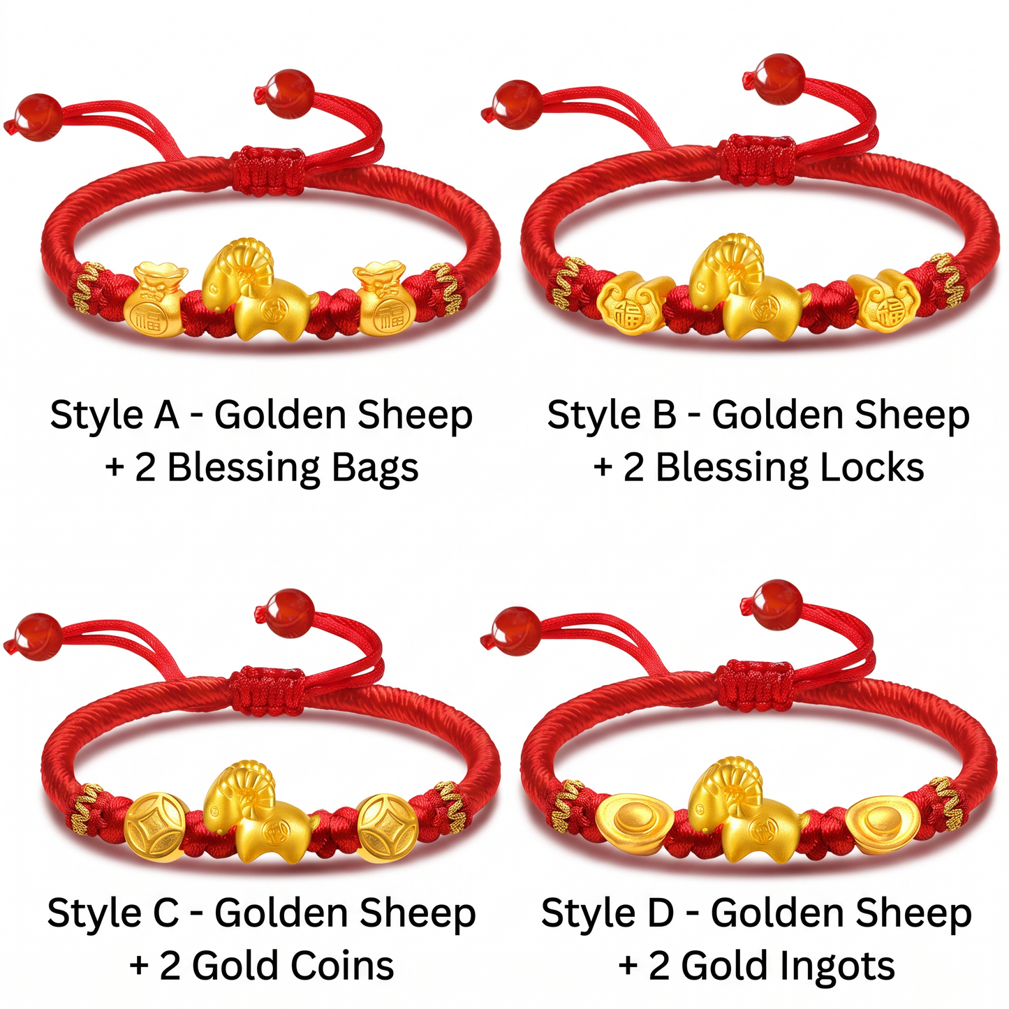 24K 999 Gold Charm Chinese 2027 Year of Goat Rope Adjustable Bracelet